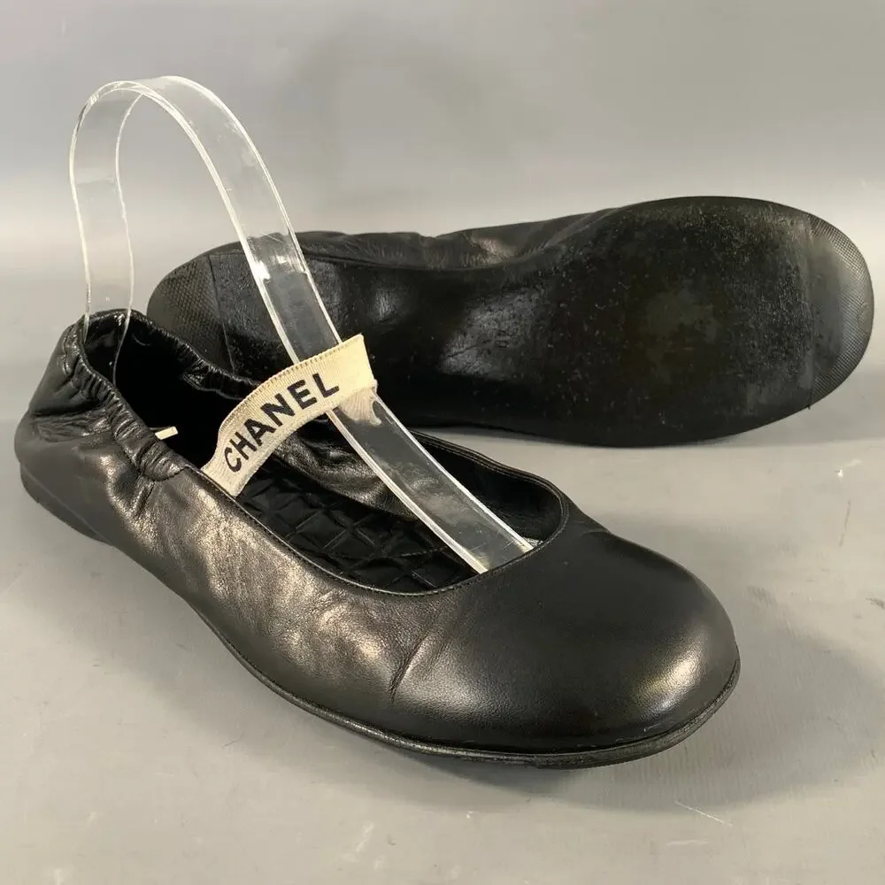 CHANEL Size 9.5 Black Leather Ballet Flats